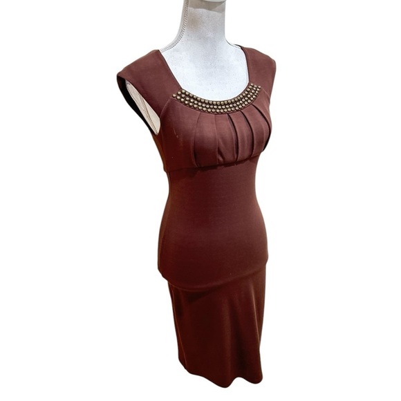 Aysha Saeed designer Brown bodycon Dress antique gold-tone Studded Neckline xs - Picture 2 of 8